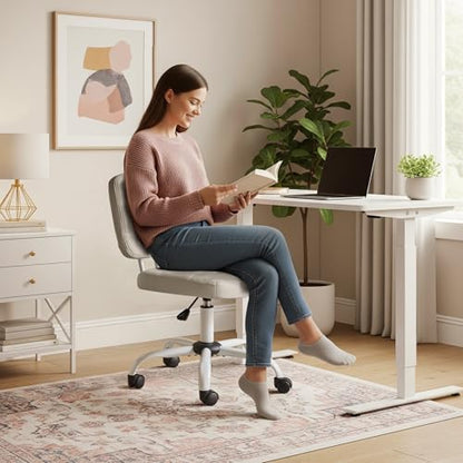 VINGLI Compact Small Desk Chair, Cute Armless Chair with Wheels, Vanity Chair with Low Back, Height Adjustable Task Chair for Small Spaces, Office, Bedroom, Make Up Room, PU Leather, Light Grey - color: Light Grey