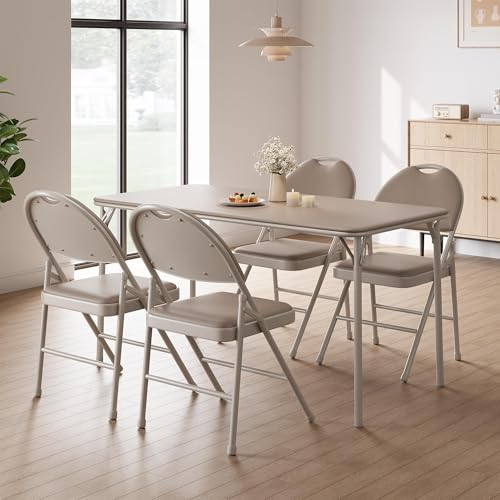 GarveeHome 4 Pack Folding Chairs with PU Leather Padded Cushion and Back, Metal Foldable Chair for Indoor Outdoor, Commercial Stackable Guest Chairs for Camping, Dining Room, Office, Party, Beige