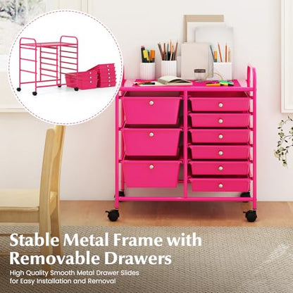 RELAX4LIFE 9 Drawer Rolling Storage Cart - Mobile Drawer Carts for Craft Art Supply Paper Salon, Utility Cart on Wheels for Classroom Teacher School Office, Rolling Cart with Drawers (Hot Pink) - color: Hot Pink, style: 9 Drawers