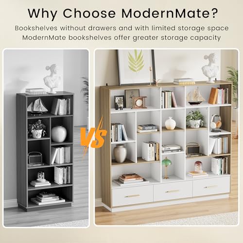 ModernMate 60" Wide Bookshelf with 3 Drawers & 16 Open Display Storage - color: White Walnut