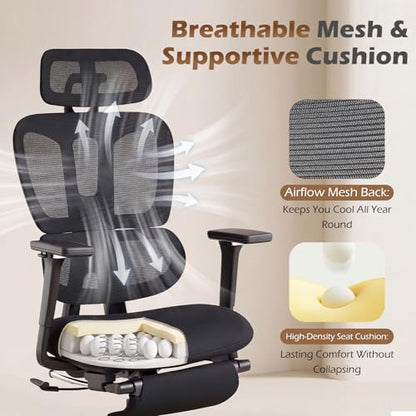 Ergonomic Office Chair with Footrest and Dynamic Lumbar Support, Black | Reclining high-back computer chair, memory foam seat, 4D armrests, 2D headrest, mesh desk chair for home office, long hours - color: Black