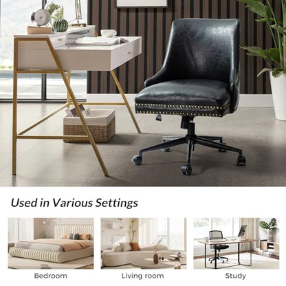 HULALA Home Leather Office Chair with Nailhead, Armless Desk Chair, Black - color: Black