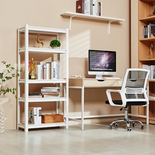 PrimeZone 27.6" W x 11.8" D x 59.8" H White Book Shelf, 5-Tier Bookcase | Modern Open Design, Adjustable Shelves, Standing Display Organizer for Books, Plants & Décor, Sturdy Double-layered Columns - size: 27.6" W x 11.8" D x 59.8" H