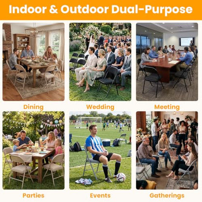 4 Pack Folding Chairs with Padded Cushion and Back, Fabric Dining Chair Set with Steel Frame, Indoor Outdoor Stackable Commercial Seat for Home Office Wedding Parties Banquets Events, Gray - color: Grey