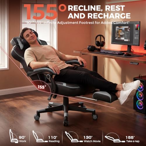 GTPLAYER Gaming Chair with Footrest, 350LBS Big and Tall Office Chair, Ergonomic High Back Lumbar Support and Recliner for Back Pain Relief, Moon Gray - color: Moon-gray