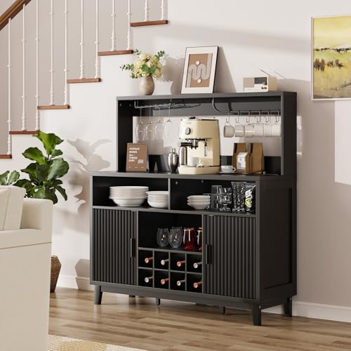 Fluted Buffet Cabinet with Storage, Modern Coffee Bar Cabinet, Black - color: Black, size: Coffee Bar - 15.6"D x 47.2"W x 49.6"H