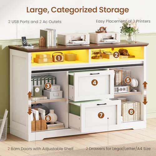 SEDETA 47.2" File Cabinet, 2 Drawers Filing Cabinets for Home Office fit Legal/Letter/A4 File, Farmhouse File Cabinet with Barn Door & Power Outlets, Printer Stand with Storage & LED Lights, White - color: White