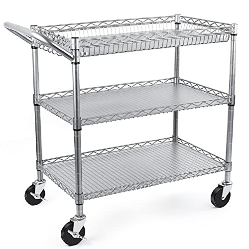 WDT Heavy Duty 3 Tier Utility Cart,Wire Rolling Carts with Wheels, Commercial Grade Service Cart with Shelving Liners and Handle Bar Metal Carts for Kitchen Office Hardware - color: 990lbs Capacity Silver