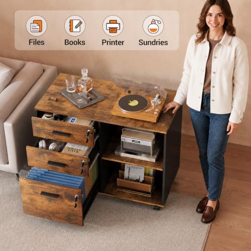 DEVAISE 3-Drawer File Cabinet with Lock, Wood Filing Cabinet, Rustic Brown | Rolling Printer Stand, Office Cabinet, Open Storage Shelves, Letter & A4 Compatible, Home Office, Under Desk Storage - color: Rustic Brown