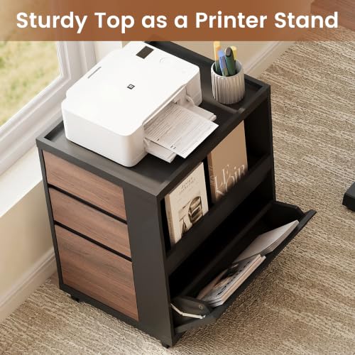 Mobile File Cabinet Under Desk with 3 Drawer, Office Storage Cabinet | Rolling Wood Printer Stand w/ Unique Side Shelf for Binders, Large Capacity Organizer for Home Office