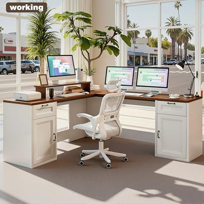 HUAHUU 78" Farmhouse L Shaped Executive Desk with Drawers, Modern Computer Desk with Power Outlets, Office Writing Desk with Monitor Stand & Storage Cabinet, Printer Shelf, Antique White - color: Walnut and White