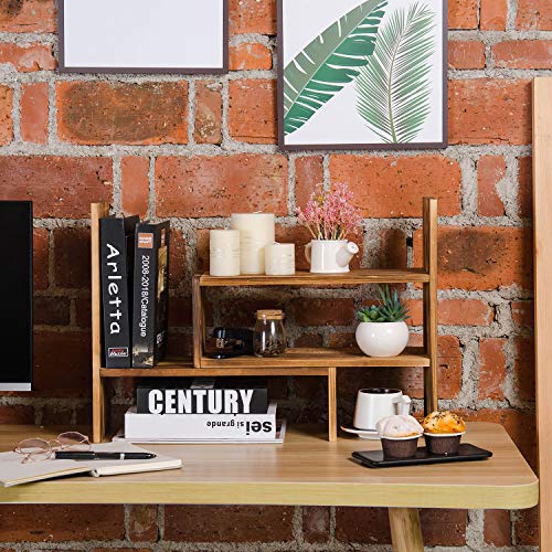 Adjustable Extendable Natural Wood Desktop Organizer Caddy Desk Organizer Countertop Shelf Bookcase Display Stand Rack Expandable Storage Office Home (Dark Brown)