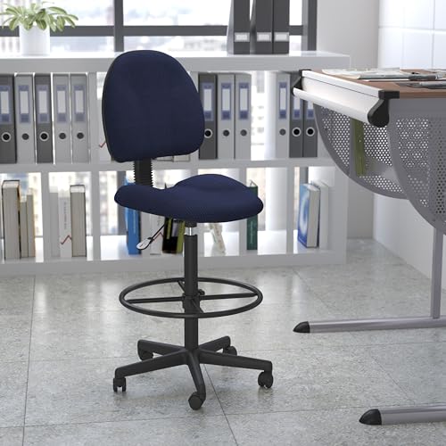BizChair Navy Blue Patterned Fabric Adjustable Height Drafting Chair with Adjustable Foot Ring - color: Navy Blue Patterned