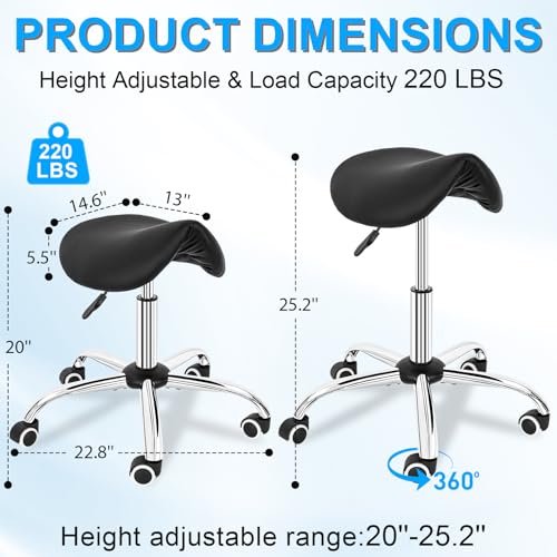 IBVIVIC Saddle Stool, Rolling Saddle Stool with Wheels for Salon, Massage | PU Leather Adjustable Swivel Saddle Chair Ergonomic for Spa, Home Office, Art Room (Black)