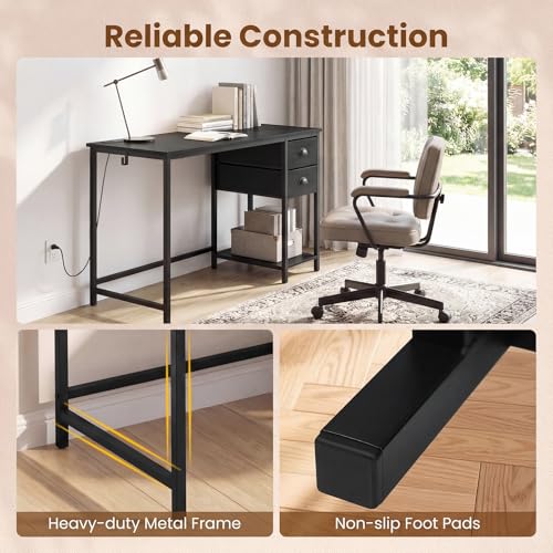 GIANTEX Computer Desk with Charging Station, 38" Home Office Desk w/ 2 Fabric Drawers, Storage Shelf & Headphone Hook, Industrial Study Work PC Table, Writing Desk for Small Spaces (Black) - color: Black