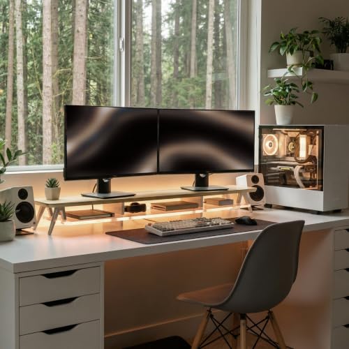 Fenge Dual Monitor Stand with 8-Mode LED Lights and Frosted Shelf, Oak | Sturdy Aluminum Legs, Built-In Phone & Tablet Slot, 2-Tier Storage, 42.5-Inch Desk Shelf for Gaming, Home Office & Streaming - color: Oak