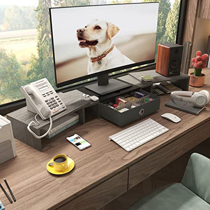 WESTREE Triple Dual Monitor Stand Riser with Drawer,Extra Large Adjustable for 2~3 Monitors,Solt for Phone & Tablet, Desktop Organizer Stand for Computer,Laptop,Printer,TV - size: Large-grey