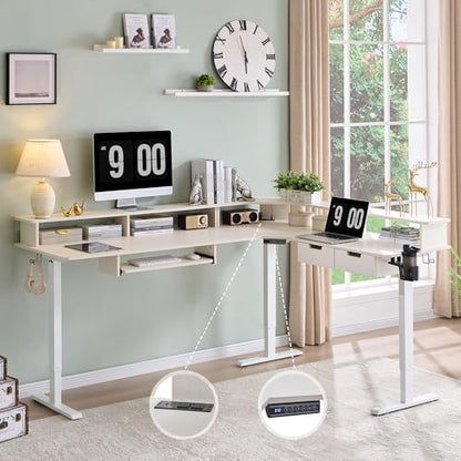 RedLemon 75x60 Inches L Shaped Electric Standing Desk 2 Tier, Antique White - color: Antique White, size: 75"X60"