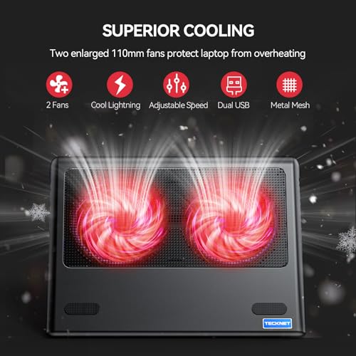 TECKNET Laptop Cooling Pad - 12"-15.6" Laptop Cooler with Quiet Cooling Fan | USB-A & USB-C Powered Cooling Stand with Adjustable Wind Speeds for Gaming, Work & Everyday Computing, Red LED - color: Red