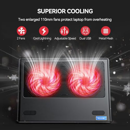 TECKNET Laptop Cooling Pad - 12"-15.6" Laptop Cooler with Quiet Cooling Fan | USB-A & USB-C Powered Cooling Stand with Adjustable Wind Speeds for Gaming, Work & Everyday Computing, Red LED - color: Red