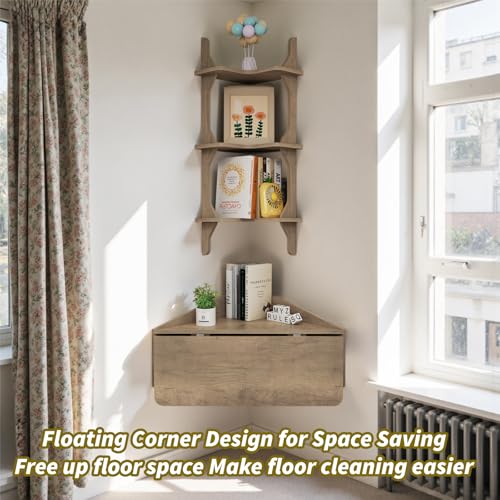Pmnianhua Floating Corner Desk,Wall Mounted Table with Shelves,Folding Corner Shelf,Wall Corner Shelf for Small Space Computer(Rustic Grey)