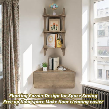 Pmnianhua Floating Corner Desk,Wall Mounted Table with Shelves,Folding Corner Shelf,Wall Corner Shelf for Small Space Computer(Rustic Grey)