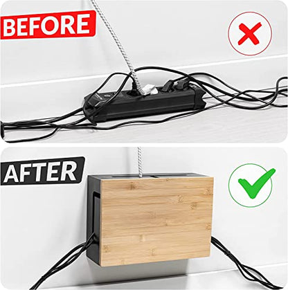 Cable Management Box Bamboo 12.6x7.9x4.3in, White, Wall Mount Kit Included - color: White