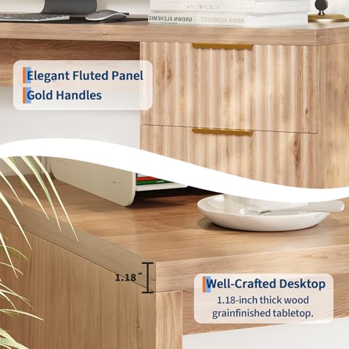 Garvee Executive Desk with Drawer and Power Outlet, 61" Large Farmhouse Computer Desk Home Office Wood Executive Desk with Adjustable Shelf for Work Study Writing, Oak - color: Oak