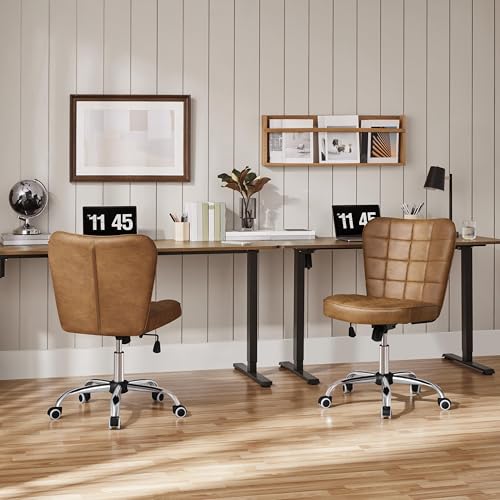 Yaheetech Retro Brown Tufted Armless Desk Chair with Wheels, Faux Leather - color: Retro Brown