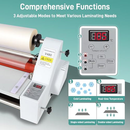 17.7inch Cold Hot Roll Laminator with 2 Rolls of Thermal Laminating Film (1 Inch Core, 0.8 mil,17.3in W×656ft L),V480 Laminating Machine, Single & Double-Sided Thermal Laminator,Digital Display, 110V