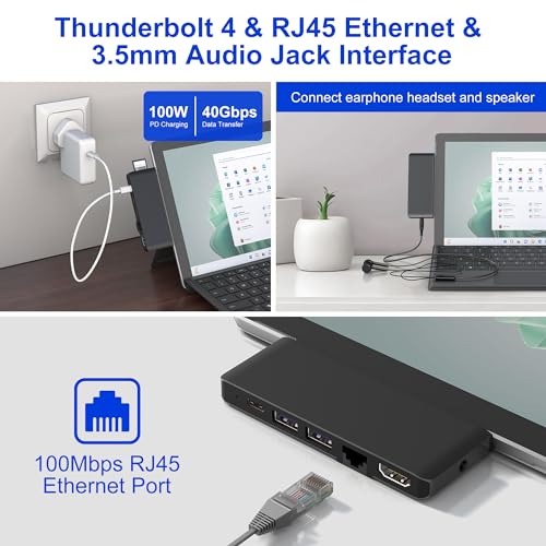 Surface Pro 13/11/10/9 Hub Docking Station with 4K HDMI, Thunerbolt 4(8K Video+40Gbps+100W PD), 100M Ethernet, USB 3.0, 3.5mm Audio, SD/TF Card Slot - USB C Hub Adapter for Surface Pro 11/Pro 10/Pro 9 - color: Black