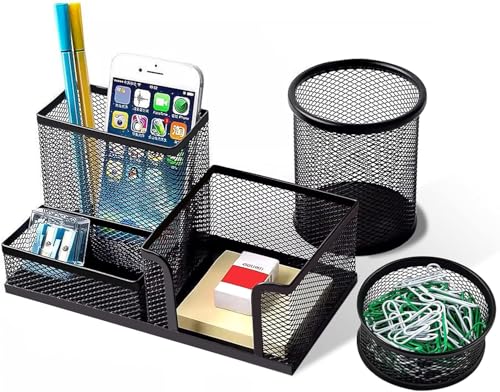 Pen Holder for Desk, Desk Organizers Set-3 Compartments Mesh Pencil Holder with Pencil Pen Cup and Paper Clip holder, Desk Accessories for Marker Craft, Ideal Office School Supplies(3 pack, Black) - style: 3pcs desk organizers