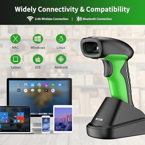 NETUM 2D QR Industrial Bluetooth Barcode Scanner with Charging Dock | Wireless 2D 1D Bar Code Reader 2600mAh Drop Protection Shock Dust Proof Hands Free for Windows Mac Android iOS (RD-1950)