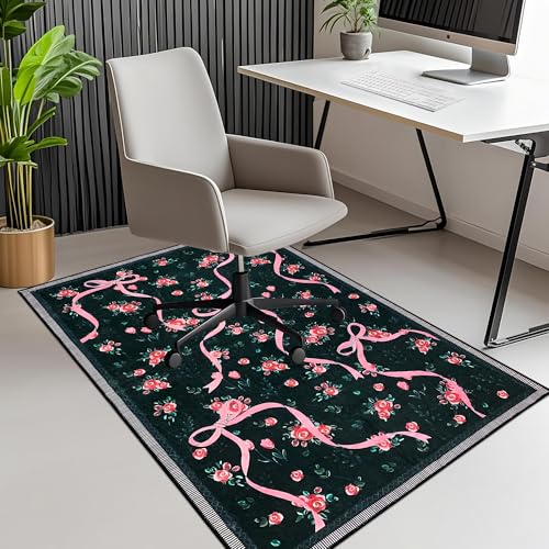 Office Chair Mat for Hardwood/Tile Floor, 36"x48"Desk Chair Mat for Rolling, Non Slip Under TPR Backing Low-Pile Rug(Black Bow Flower) - color: Black Bow Flower