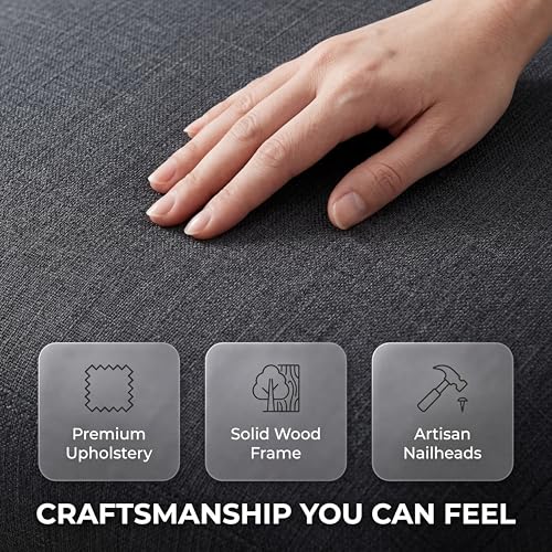 HNY Mid Century Modern Dining Chairs Set of 2, Farmhouse Linen Fabric Upholstered Accent Chairs Curved Nailhead Trim Backrest Kitchen Chairs, with Hardwood Frame, Charcoal - color: Charcoal Nailhead