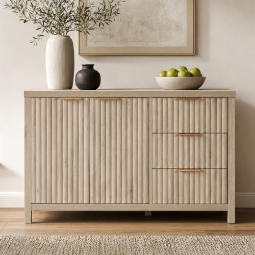 OAKOAKHAM Home Fluted Sideboard Cabinet 46.6" Grey Oak | Buffet Cabinet, 2 Doors and 3 Drawers, Modern Storage Credenza, Adjustable Shelves, For Living Room, Entryway or Kitchen - color: Grey Ash Oak, size: 15.4"D x 46.6"W x 29.2"H