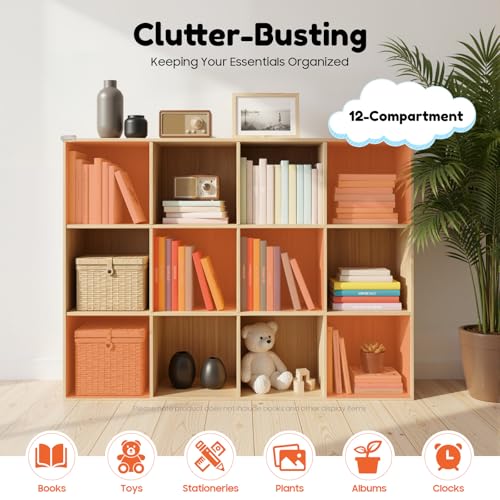 12 Cube Storage Organizer - Solid Wood Bookshelf - Cube Shelf - Vertical or Horizontal Bookcase - Open Book Shelf - Easy Assembly for Bedroom, Living Room, Office - size: 12 Cubes