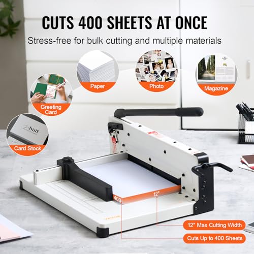 VEVOR Heavy Duty Paper Cutter, 12" Industrial Commercial Guillotine Paper Cutter for A4 Paper, 400 Sheet Capacity, Solid Steel Construction, Stack Paper Trimmer for Office Home School Shop, White - size: 12" Cutting width
