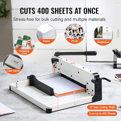 VEVOR Heavy Duty Paper Cutter, 12" Industrial Commercial Guillotine Paper Cutter for A4 Paper, 400 Sheet Capacity, Solid Steel Construction, Stack Paper Trimmer for Office Home School Shop, White - size: 12" Cutting width