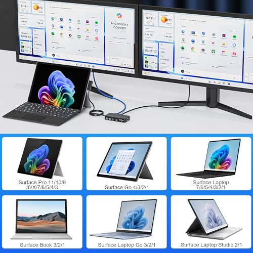 Surface Docking Station, 11-in-1 Dual Monitor 4K@60Hz HDMI +VGA Surface Dock, for Surface Pro 11/10/9/8/X/7/6/5/4, Surface Laptop, Book, Go | 72W Charging, Ethernet, 5Gbps USB - color: HDMI + VGA Surface Dock