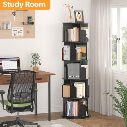 Aheaplus 5 Tier Wood Rotating Bookshelf, 360° Spinning Book Shelf Tower - color: Black, size: 5-Tier