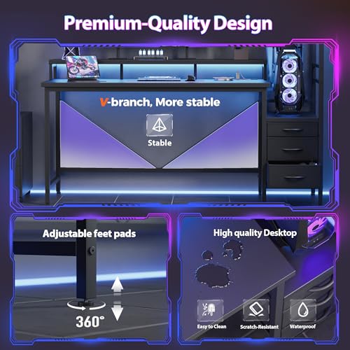 Mericonia 52 inch Gaming Desk with Drawers, Reversible Computer Desk, Black - color: Black, size: 52*20