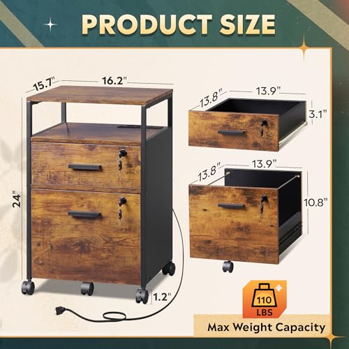 DEVAISE 2 Drawer File Cabinet with Lock, Charging Station, Brown | Adjustable Shelf, Rustic Wood Filing Cabinet, Mobile Printer Stand for A4/Letter Size Home Office - color: Rustic Brown, size: 2 Drawer