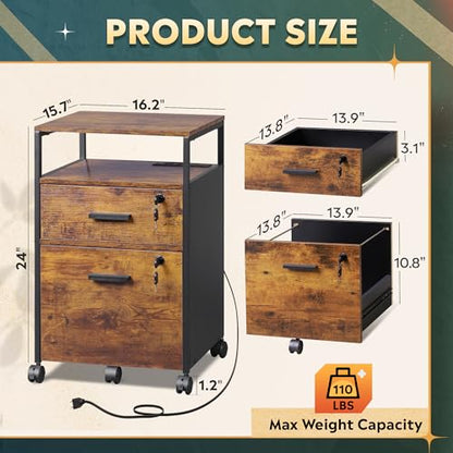 DEVAISE 2 Drawer File Cabinet with Lock, Charging Station, Brown | Adjustable Shelf, Rustic Wood Filing Cabinet, Mobile Printer Stand for A4/Letter Size Home Office - color: Rustic Brown, size: 2 Drawer