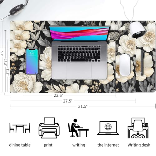 Large Mouse Pad, Black White Flowers Desk Mat for Desktop 23.6" x 11.8" - color: Black White Flowers, size: 23.6" x 11.8"