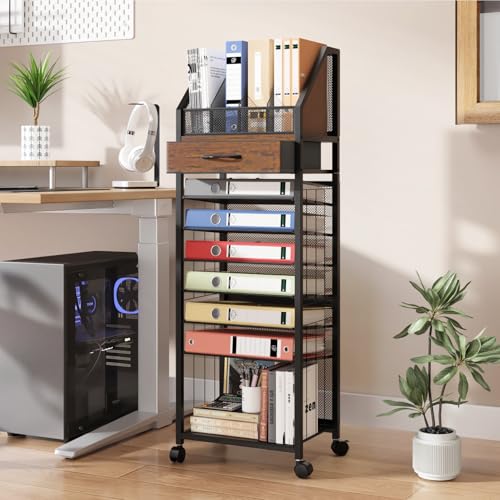 SWTYMIKI 9-Tier Rolling File Cart - Paper Organizer with Drawer and Trays, Wood Desk Office Organizer, Office Organization and Binder Storage for Workspace, Home, School, Espresso - color: Espresso, size: Standing Type