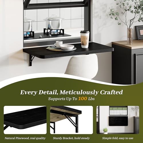 Dogsky Floating Wall Desk 24" x 14" - 100 lbs Heavy Duty Solid Pine - color: Black, size: 24" x 14"