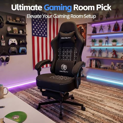 Desk Computer Gaming Chair - Ergonomic Game Office Chair with Extended Footrest and Massage Lumbar Support, Home Gamer Video Game Chairs with Spring Cushion for Adults (Pro Black Fabric) - color: Pro Black Fabric