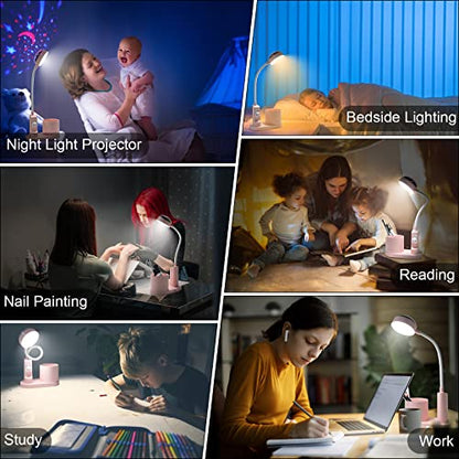Pink Desk Lamp for Home Office, Touch Small Table Light for Kids - color: Pink-Star Projection