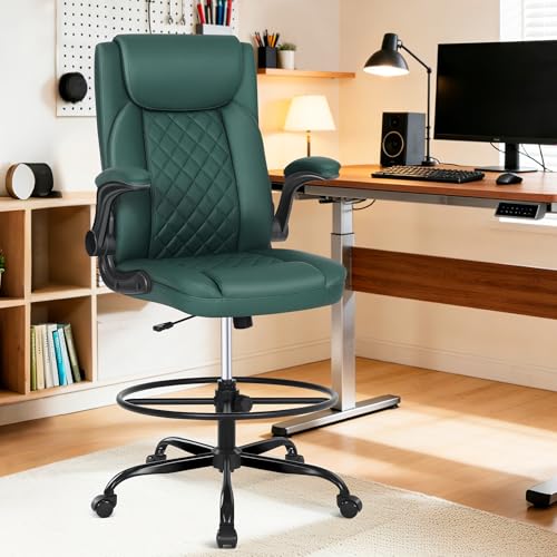 Misolant Drafting Chair, Tall Office Chair for Standing Desk, PU Leather Counter Computer Chairs with Adjustable Height, Rocking Function, 360° Swivel Wheels for Bar Office - color: Green
